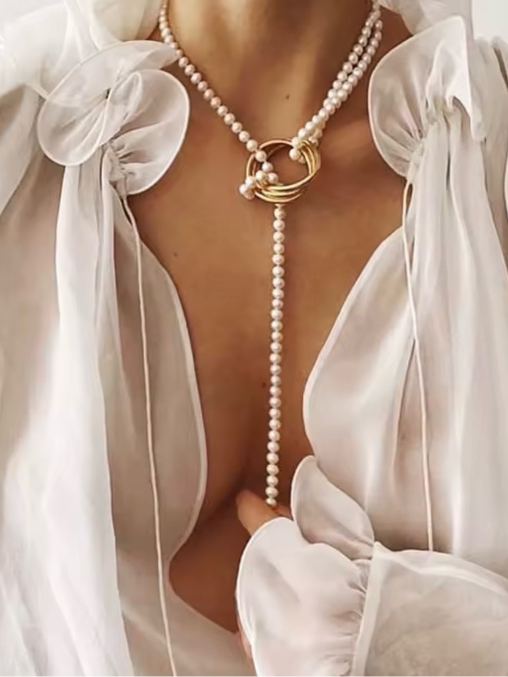 Lariat Pearl Necklace with Gold Knot Accent - White Pearls